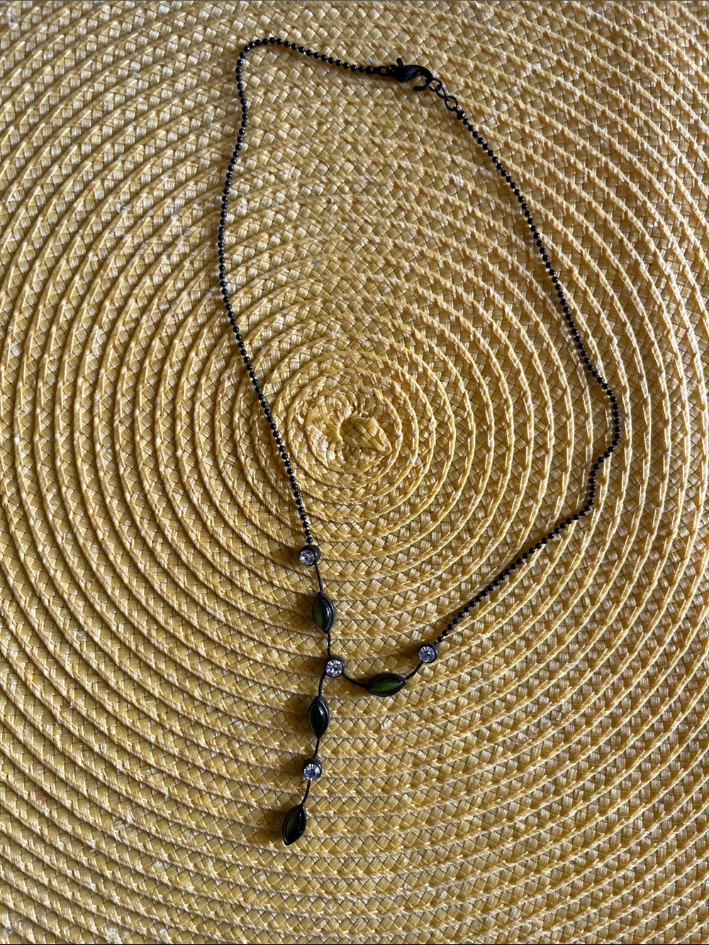 Black Chain Necklace with Green Leaf Accents